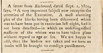 (SLAVERY.) Group of Boston Gazettes discussing Gabriels Rebellion in Virginia.